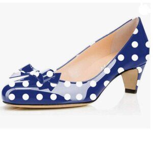 YDN Navy Polka Dots Round Toe Pumps Low Heels Shoes with Bowknot for Work Ladies